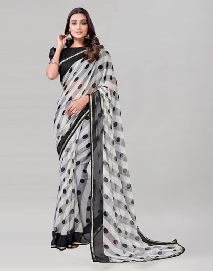 White Coloured Chiffon Polka Printed Saree | Sudathi