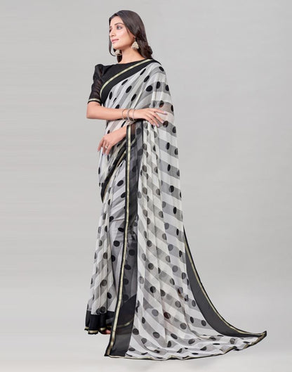 White Coloured Chiffon Polka Printed Saree | Sudathi