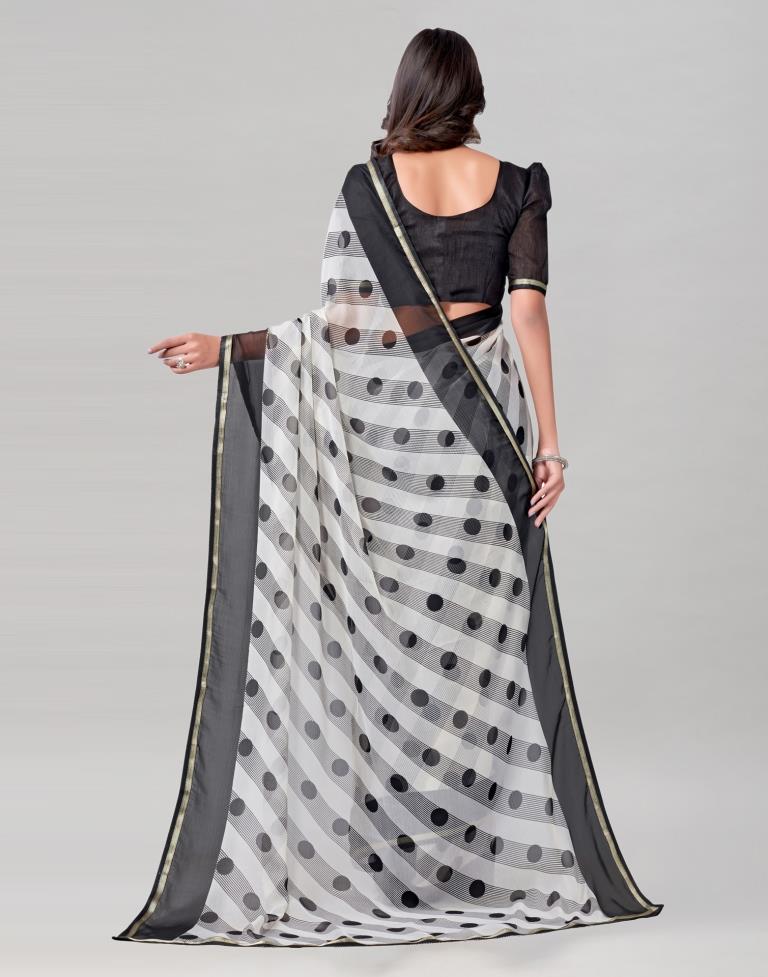 White Coloured Chiffon Polka Printed Saree | Sudathi