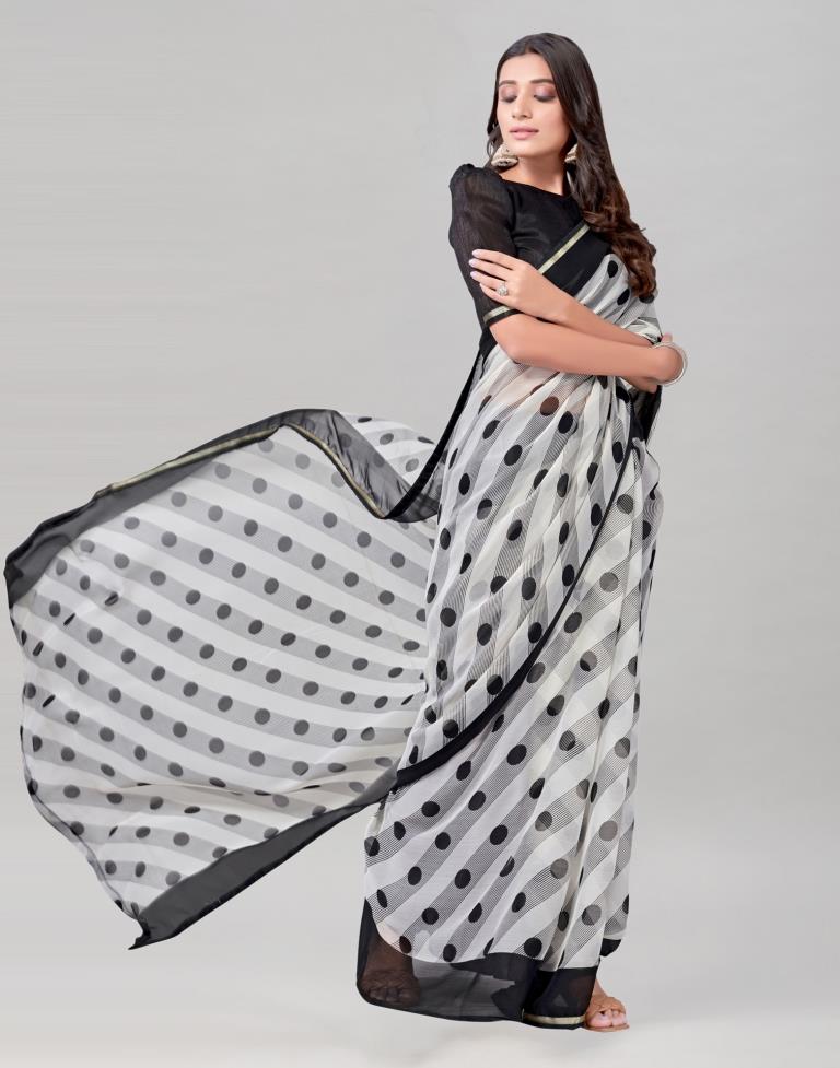 White Coloured Chiffon Polka Printed Saree | Sudathi