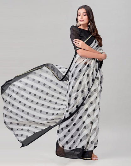 White Coloured Chiffon Polka Printed Saree | Sudathi