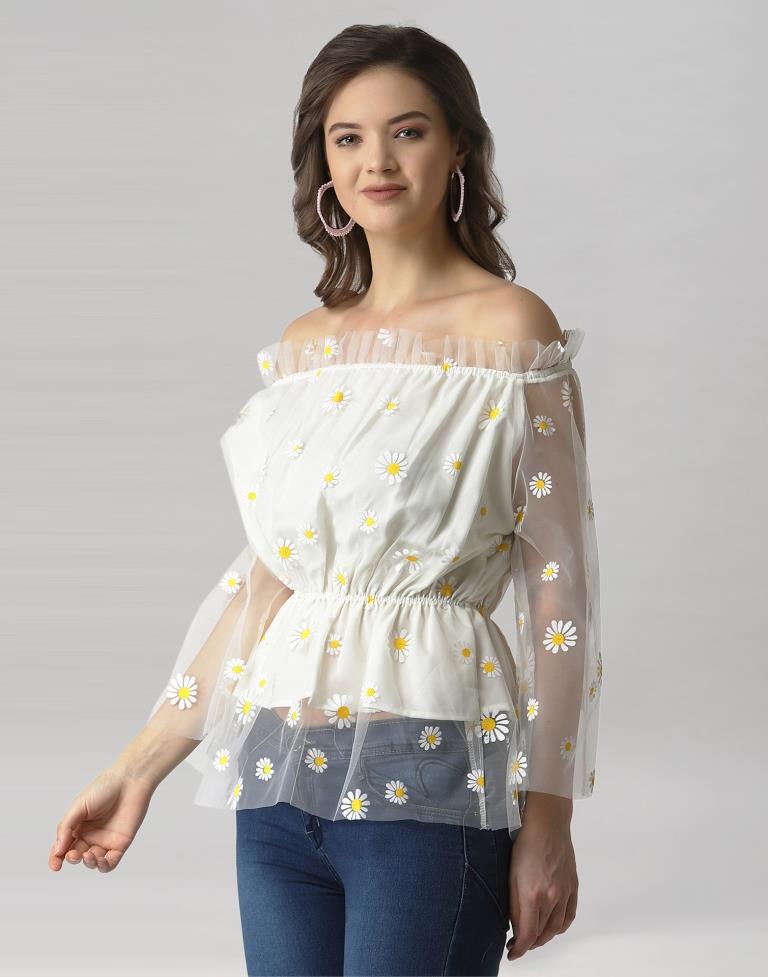 White Coloured Khadi Print Crepe Top | Sudathi