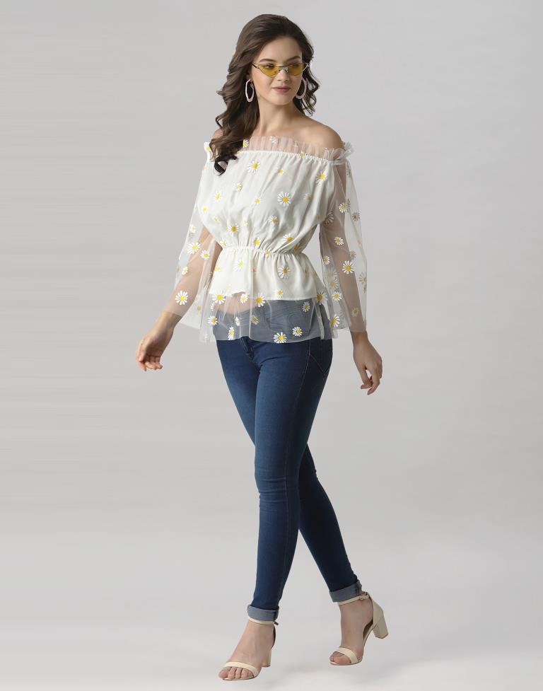 White Coloured Khadi Print Crepe Top | Sudathi