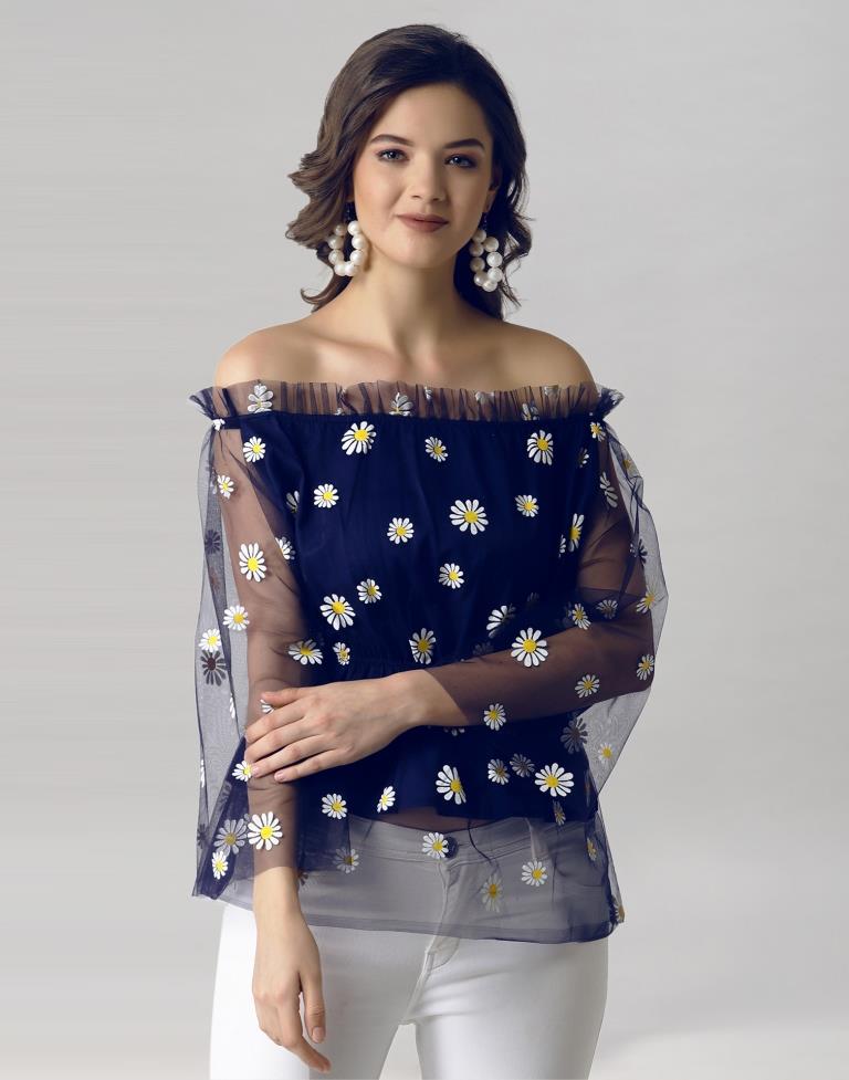 Blue Coloured Khadi Print Crepe Top | Leemboodi