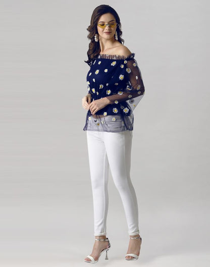 Blue Coloured Khadi Print Crepe Top | Leemboodi