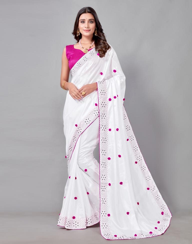 White Coloured Silk Embellished Saree | Sudathi