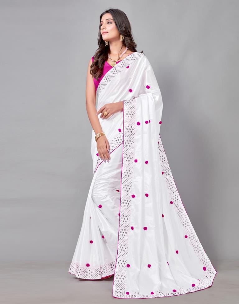 White Coloured Silk Embellished Saree | Sudathi