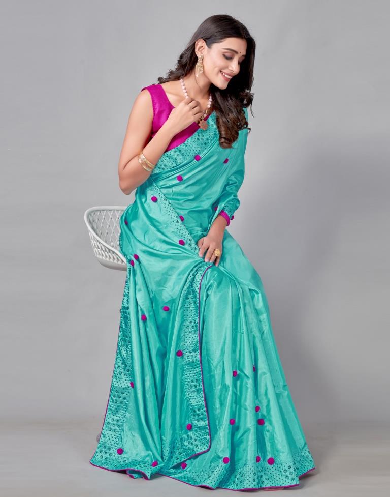 Turquoise Blue Coloured Silk Embellished Saree | Sudathi