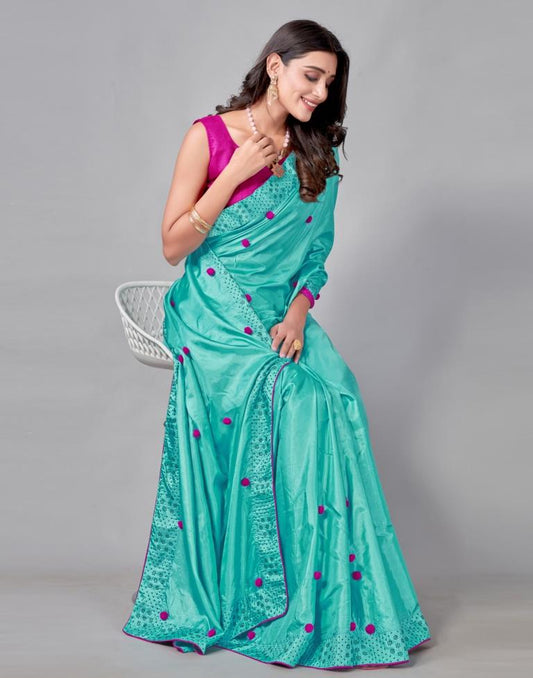 Turquoise Blue Coloured Silk Embellished Saree | Sudathi