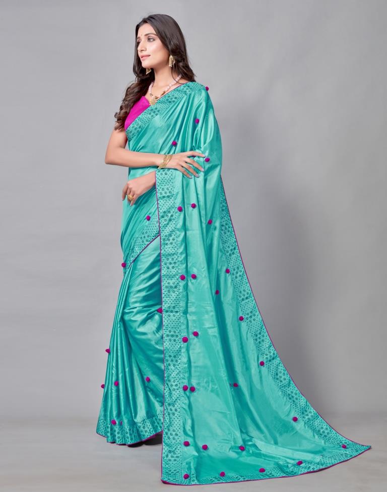 Turquoise Blue Coloured Silk Embellished Saree | Sudathi