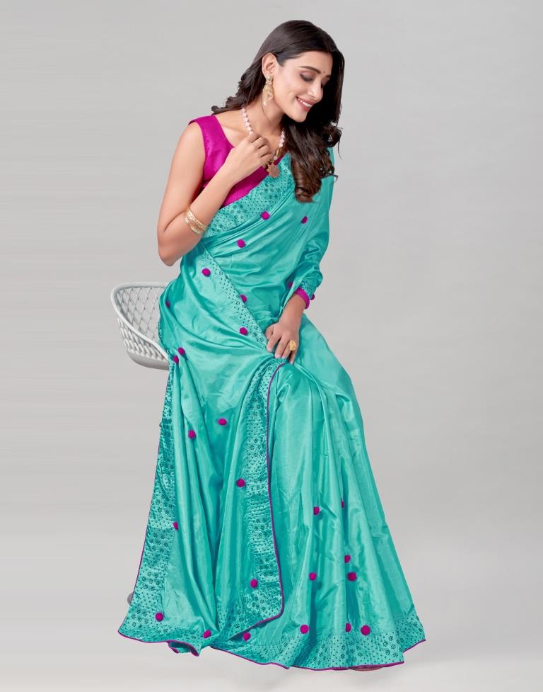 Turquoise Blue Coloured Silk Embellished Saree | Sudathi