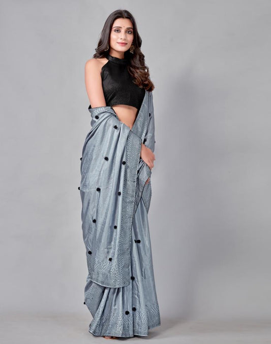 Steel Grey Coloured Poly Silk Embellished Saree | Sudathi