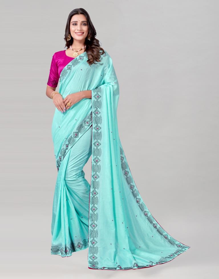 Aqua Blue Coloured Poly Silk Hot Fixing Saree | Sudathi