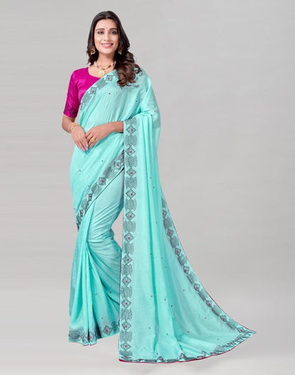 Aqua Blue Coloured Poly Silk Hot Fixing Saree | Sudathi