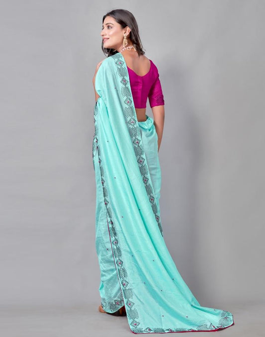 Aqua Blue Coloured Poly Silk Hot Fixing Saree | Sudathi