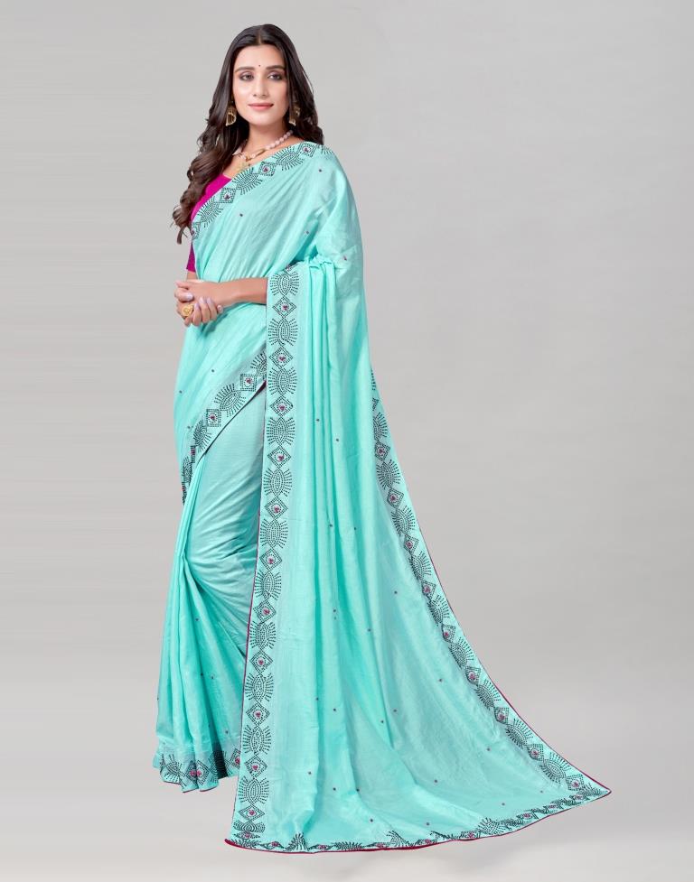 Aqua Blue Coloured Poly Silk Hot Fixing Saree | Sudathi