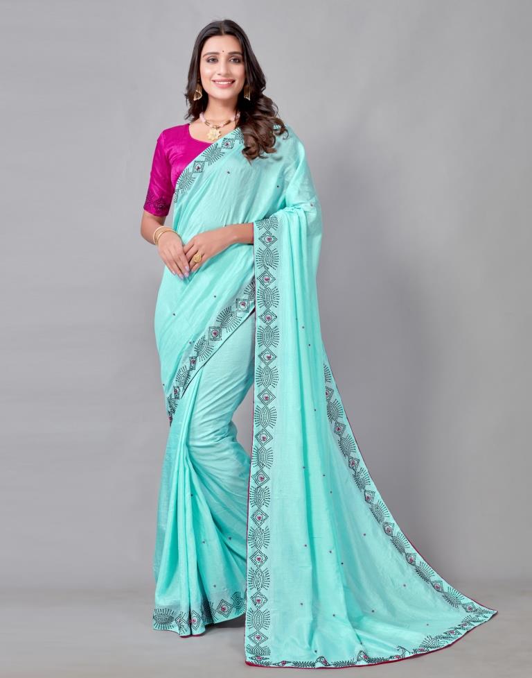 Aqua Blue Coloured Poly Silk Hot Fixing Saree | Sudathi