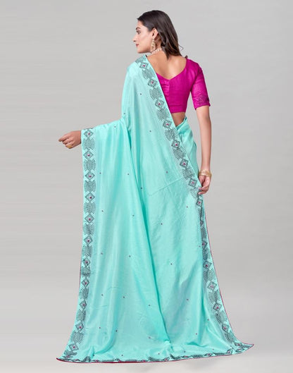 Aqua Blue Coloured Poly Silk Hot Fixing Saree | Sudathi