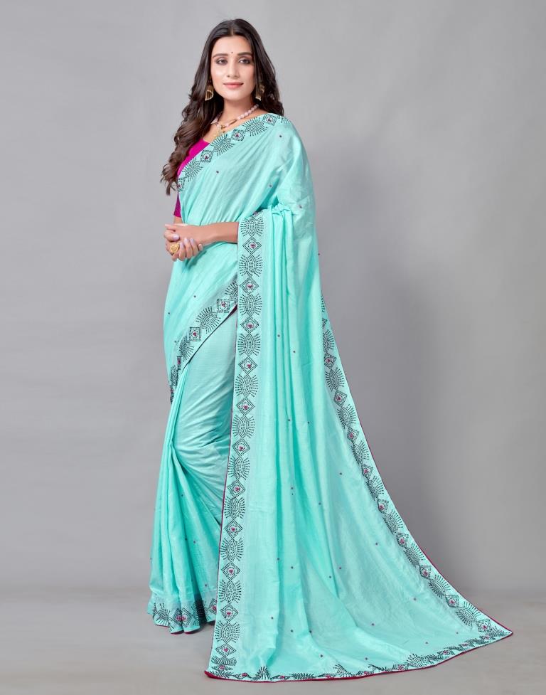 Aqua Blue Coloured Poly Silk Hot Fixing Saree | Sudathi