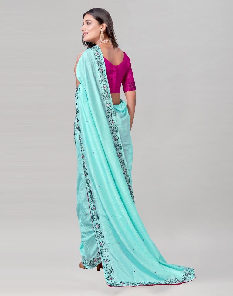 Aqua Blue Coloured Poly Silk Hot Fixing Saree | Sudathi