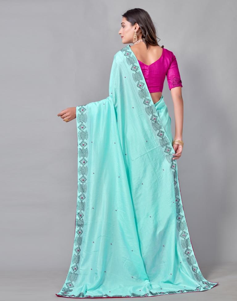 Aqua Blue Coloured Poly Silk Hot Fixing Saree | Sudathi