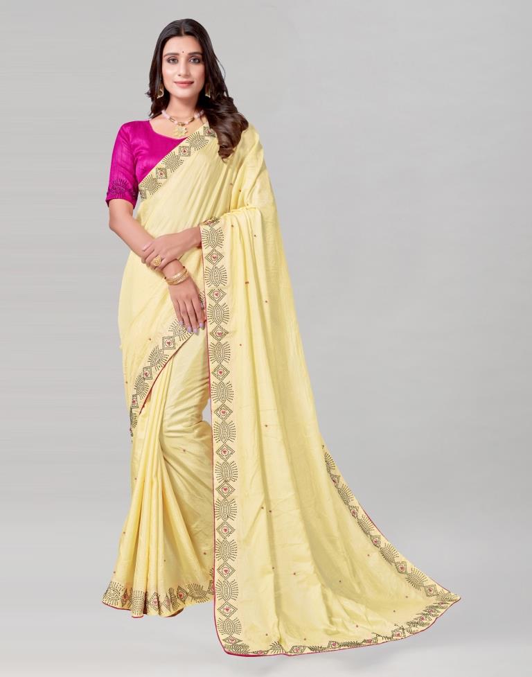Light Yellow Coloured Poly Silk Hot Fixing Saree | Sudathi
