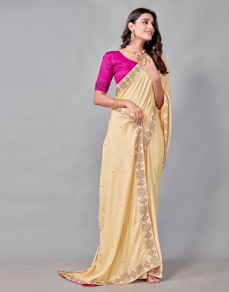 Light Yellow Coloured Poly Silk Hot Fixing Saree | Sudathi