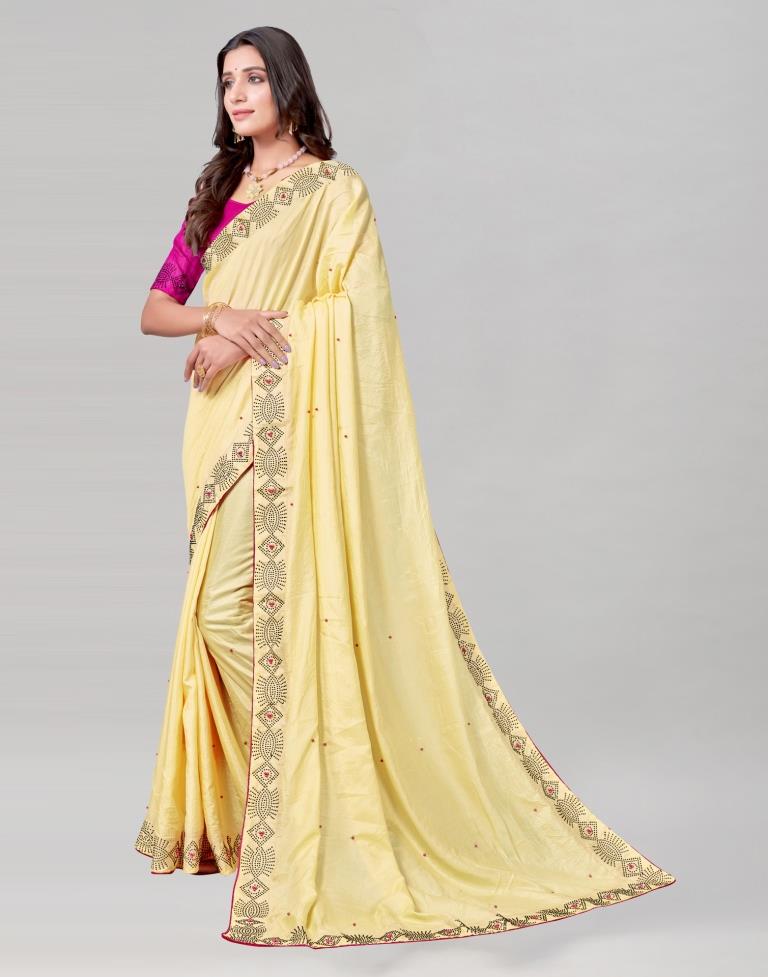 Light Yellow Coloured Poly Silk Hot Fixing Saree | Sudathi