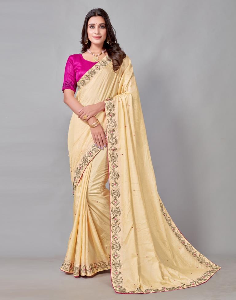 Light Yellow Coloured Poly Silk Hot Fixing Saree | Sudathi