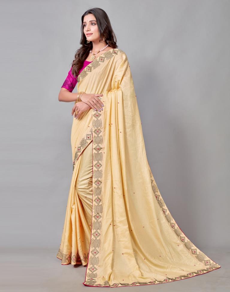 Light Yellow Coloured Poly Silk Hot Fixing Saree | Sudathi