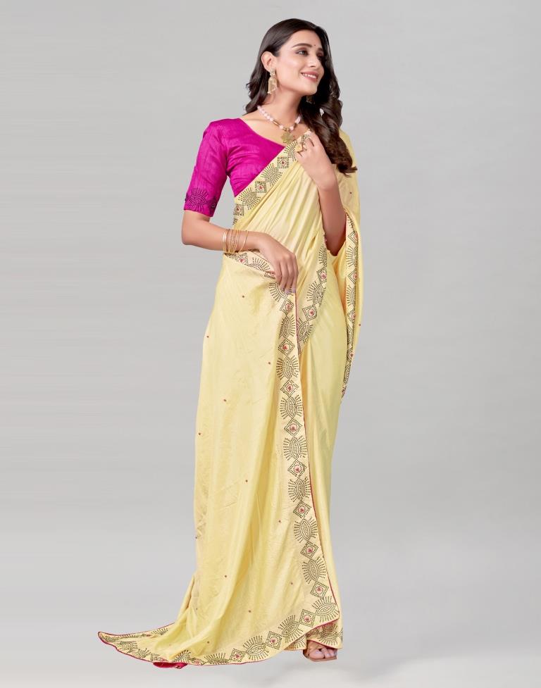 Light Yellow Coloured Poly Silk Hot Fixing Saree | Sudathi