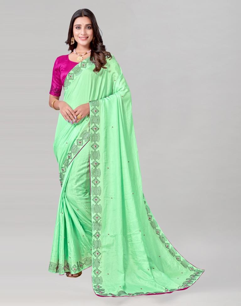 Mint Green Coloured Poly Silk Hot Fixing Saree | Sudathi