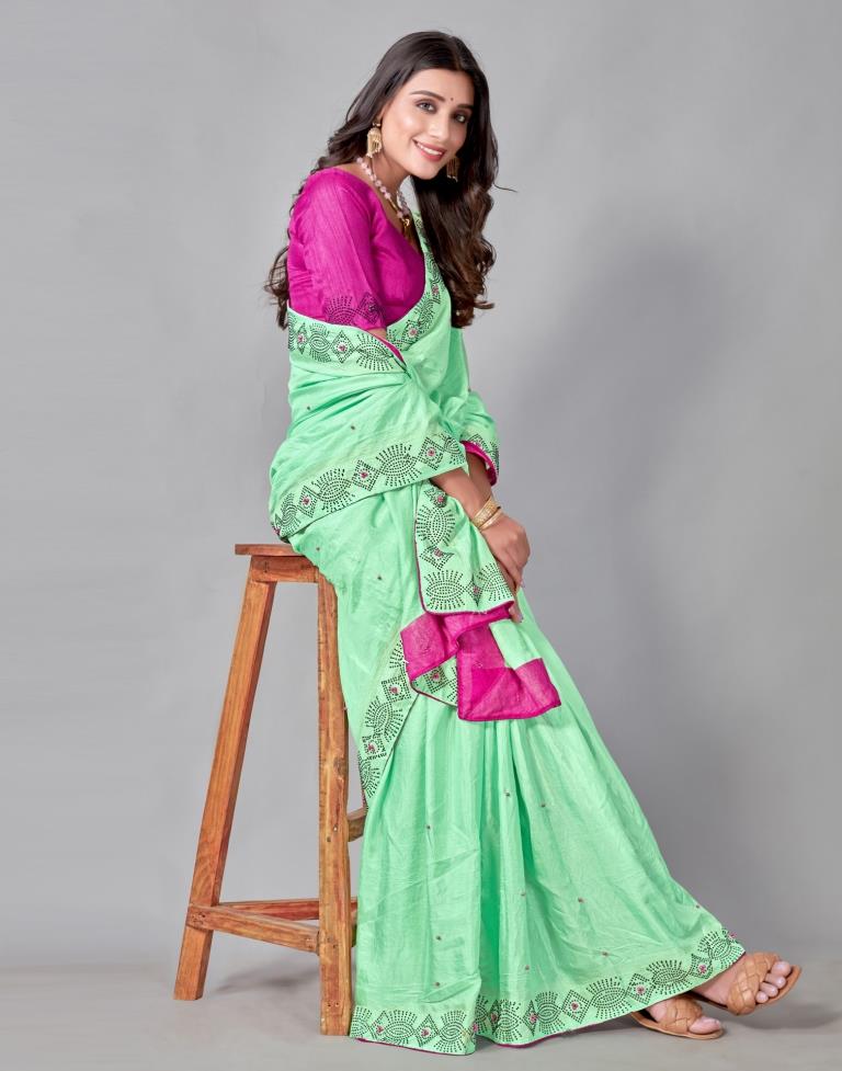 Mint Green Coloured Poly Silk Hot Fixing Saree | Sudathi