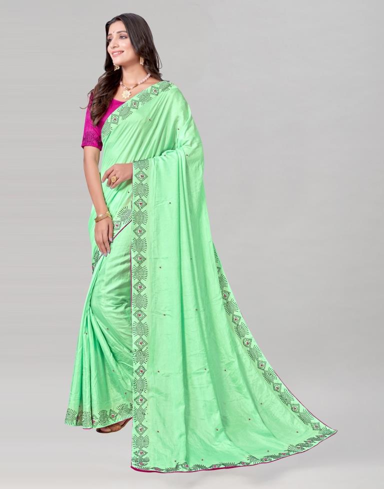 Mint Green Coloured Poly Silk Hot Fixing Saree | Sudathi