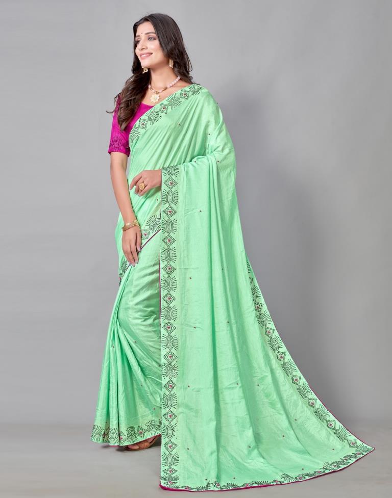 Mint Green Coloured Poly Silk Hot Fixing Saree | Sudathi
