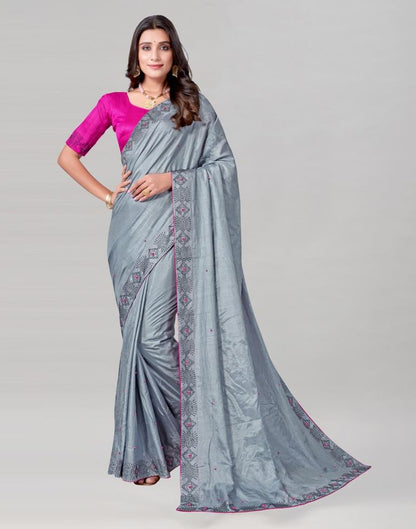 Steel Grey Coloured Poly Silk Hot Fixing Saree | Sudathi