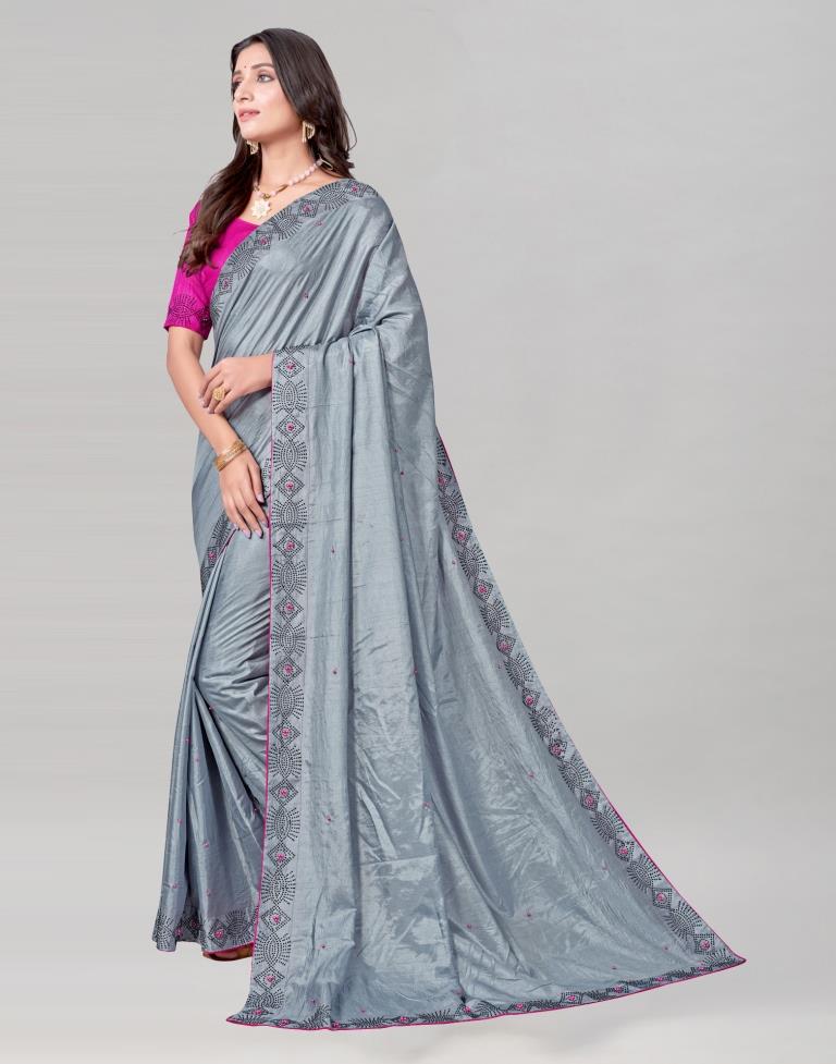 Steel Grey Coloured Poly Silk Hot Fixing Saree | Sudathi
