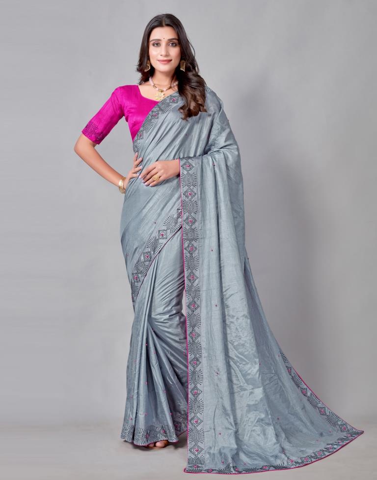 Steel Grey Coloured Poly Silk Hot Fixing Saree | Sudathi