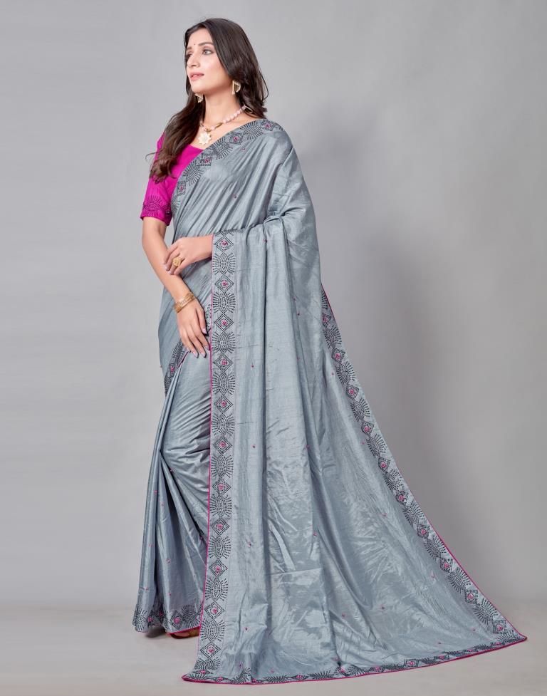 Steel Grey Coloured Poly Silk Hot Fixing Saree | Sudathi