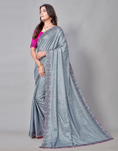 Steel Grey Coloured Poly Silk Hot Fixing Saree | Sudathi