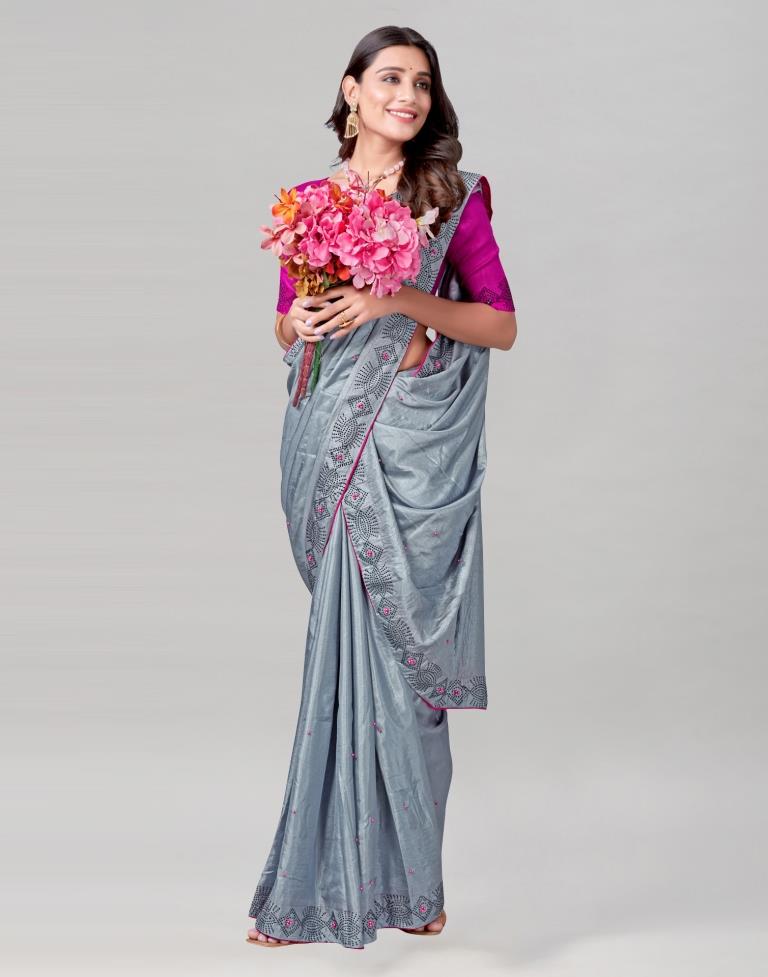 Steel Grey Coloured Poly Silk Hot Fixing Saree | Sudathi