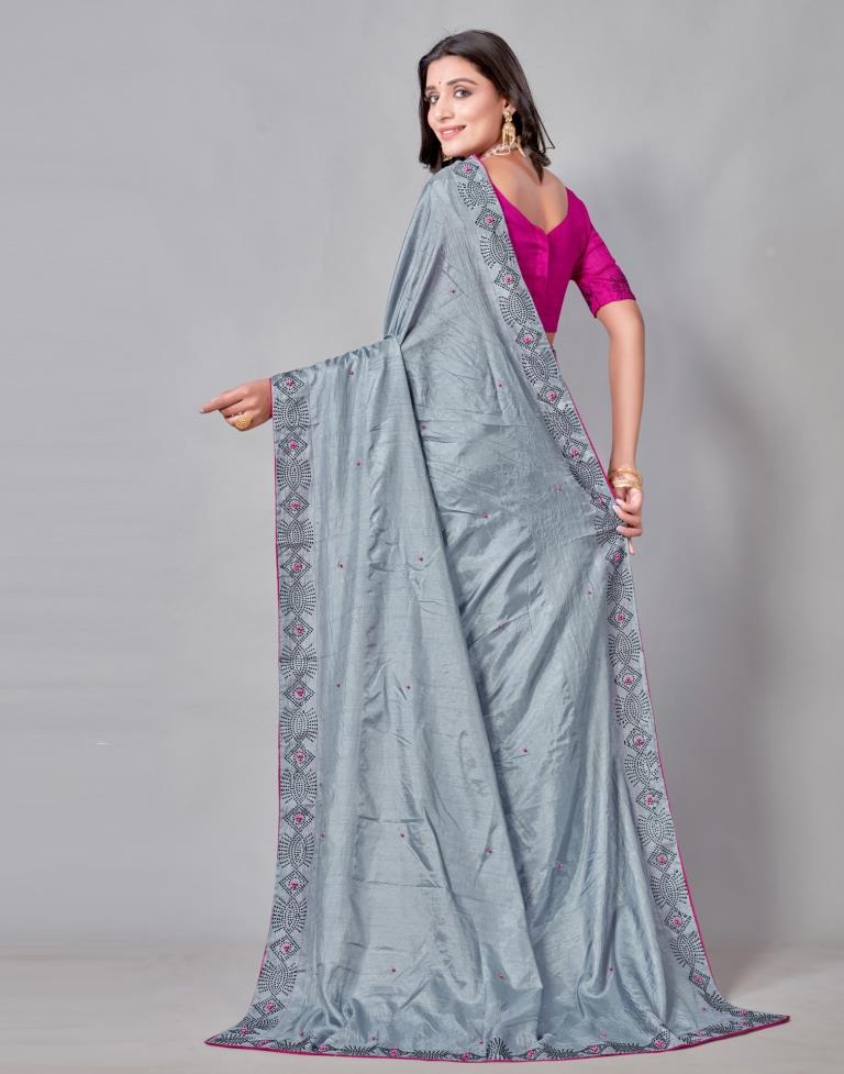 Steel Grey Coloured Poly Silk Hot Fixing Saree | Sudathi
