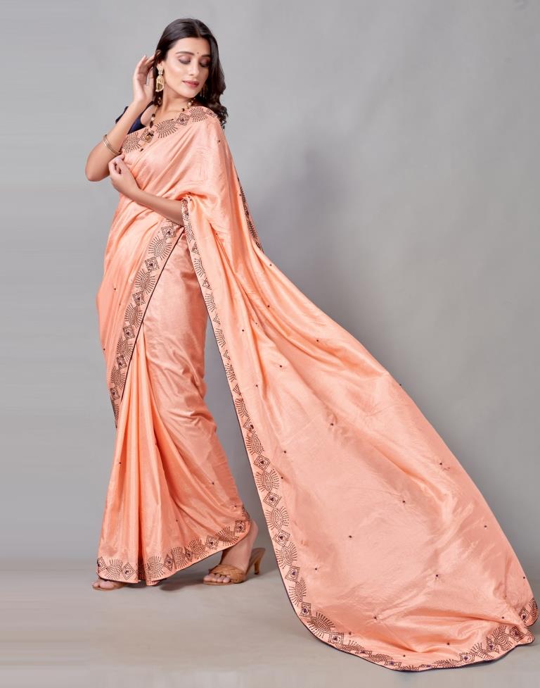 Peach Coloured Poly Silk Hot Fixing Saree | Sudathi