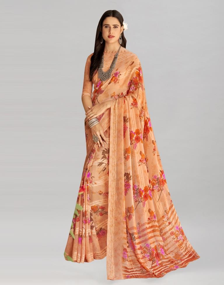 Peach Coloured Georgette Floral Printed Saree | Sudathi
