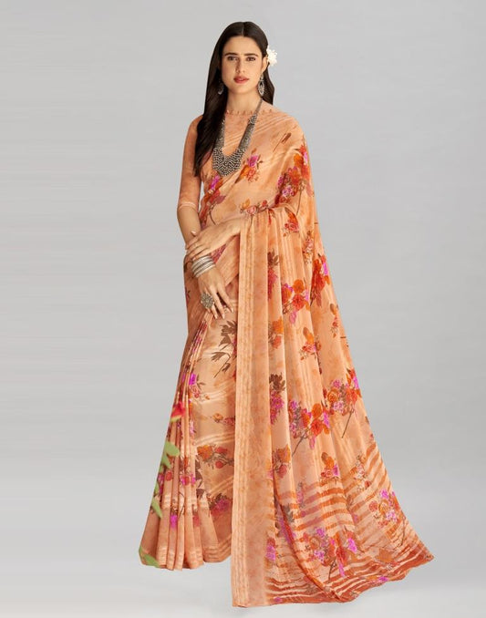 Peach Coloured Georgette Floral Printed Saree | Sudathi