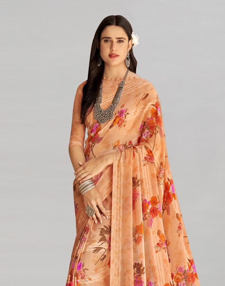 Peach Coloured Georgette Floral Printed Saree | Sudathi
