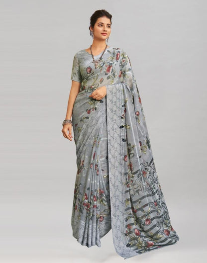 Grey Coloured Georgette Floral Printed Saree | Sudathi