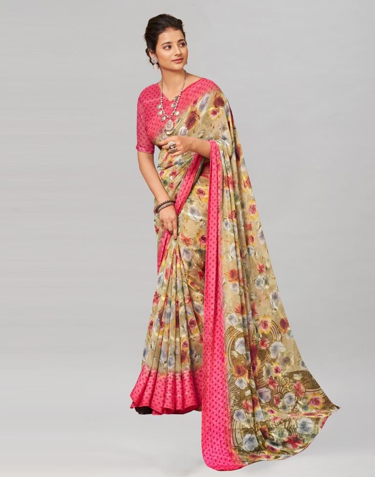 Beige Coloured Georgette Floral Printed Saree | Sudathi