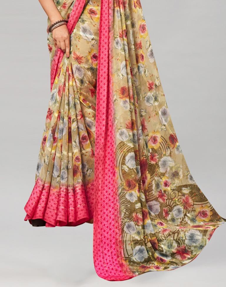 Beige Coloured Georgette Floral Printed Saree | Sudathi