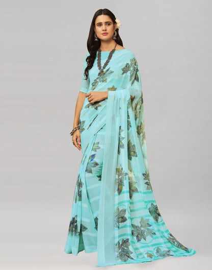 Sky Blue Coloured Georgette Floral Printed Saree | Sudathi